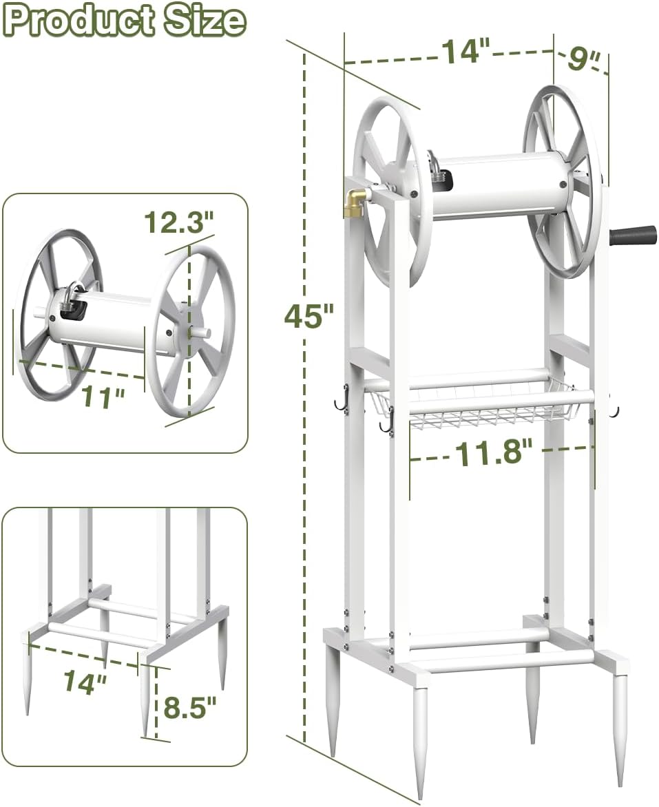 Freestanding Garden Hose Reel holds 125ft Hose of 5/8" with 4 Hooks, 4-Spike Outdoor Hose Holder with 3.9ft Leader Hose & Brass Fitting, Detachable Metal Hose Stand with Storage Rack, Black