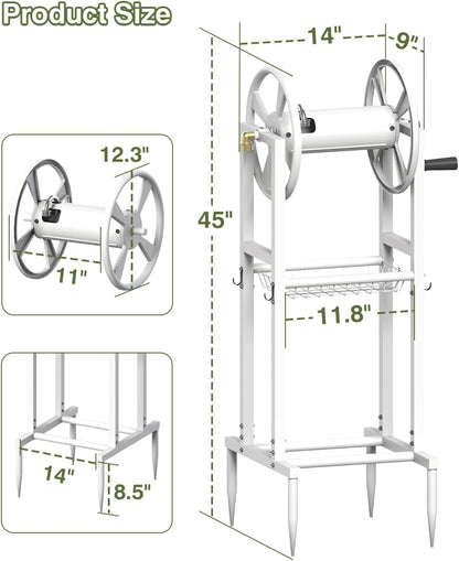 Freestanding Garden Hose Reel holds 125ft Hose of 5/8" with 4 Hooks, 4-Spike Outdoor Hose Holder with 3.9ft Leader Hose & Brass Fitting, Detachable Metal Hose Stand with Storage Rack, Black
