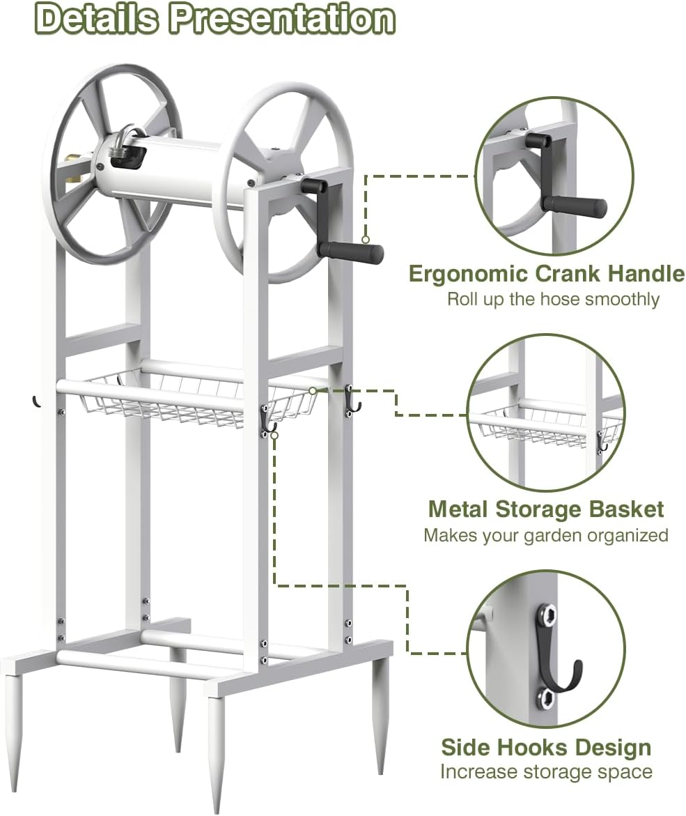 Freestanding Garden Hose Reel holds 125ft Hose of 5/8" with 4 Hooks, 4-Spike Outdoor Hose Holder with 3.9ft Leader Hose & Brass Fitting, Detachable Metal Hose Stand with Storage Rack, Black