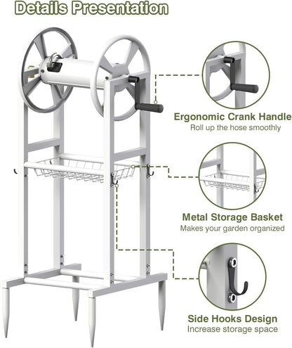 Freestanding Garden Hose Reel holds 125ft Hose of 5/8" with 4 Hooks, 4-Spike Outdoor Hose Holder with 3.9ft Leader Hose & Brass Fitting, Detachable Metal Hose Stand with Storage Rack, Black
