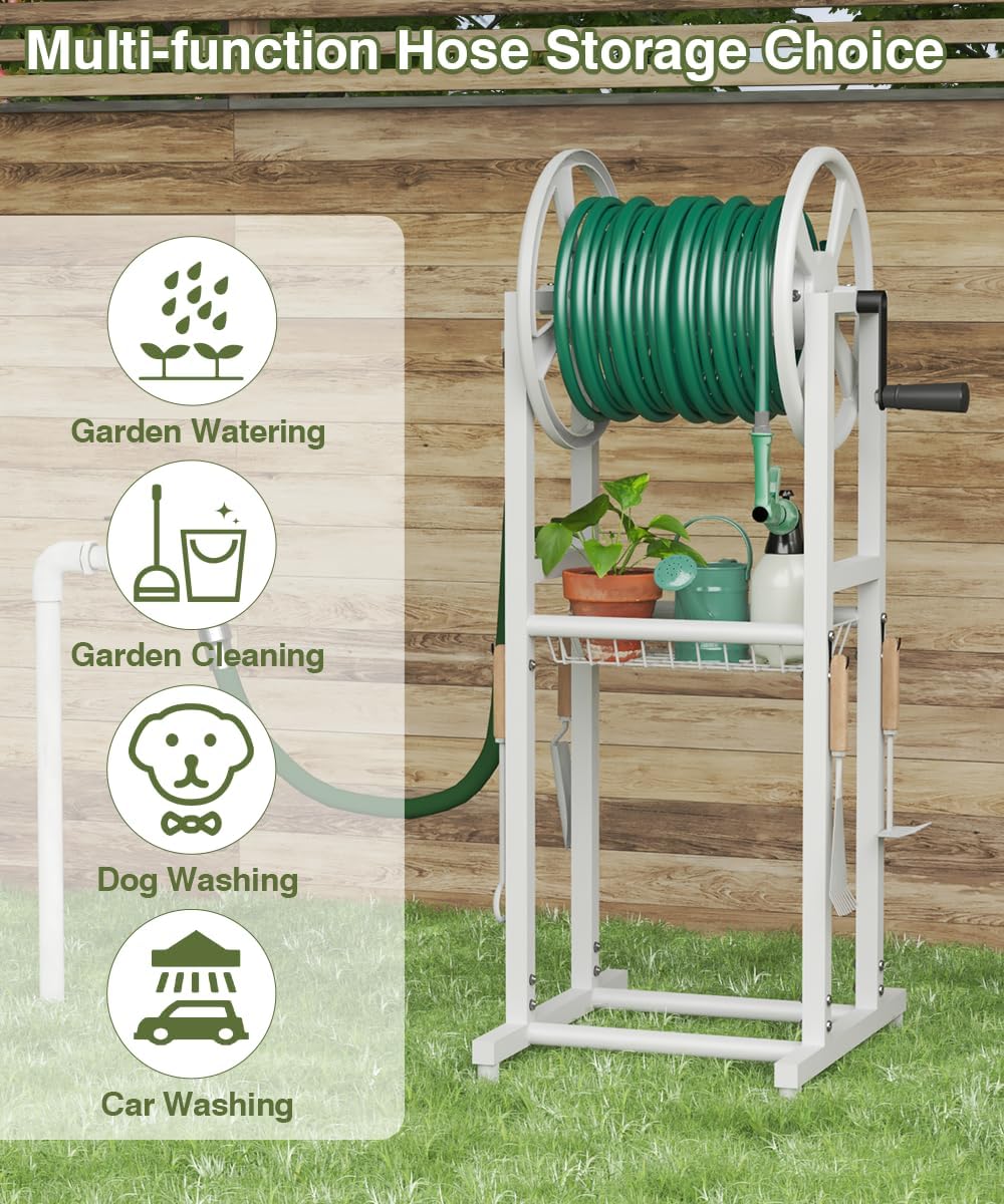 Freestanding Garden Hose Reel holds 125ft Hose of 5/8" with 4 Hooks, 4-Spike Outdoor Hose Holder with 3.9ft Leader Hose & Brass Fitting, Detachable Metal Hose Stand with Storage Rack, Black