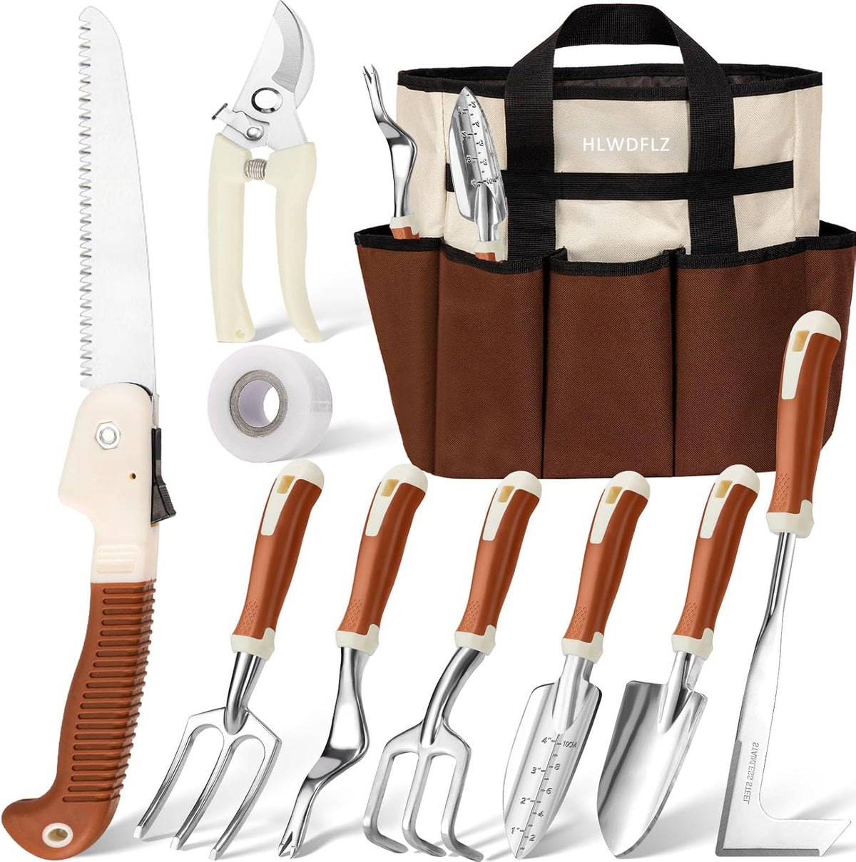 Garden Tool Set, 12 Pcs Heavy Duty Floral Gardening Tools Kit with Gardening Hand Weeder Tools, Durable Storage Bag and Gardening Gloves, Gardening Gifts for Women and Men Brown