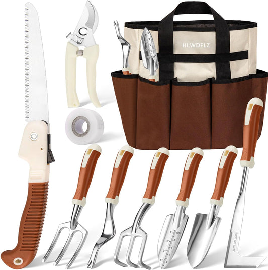 Garden Tool Set, 12 Pcs Heavy Duty Floral Gardening Tools Kit with Gardening Hand Weeder Tools, Durable Storage Bag and Gardening Gloves, Gardening Gifts for Women and Men Brown