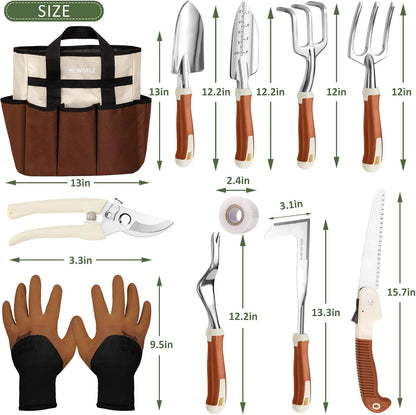 Garden Tool Set, 12 Pcs Heavy Duty Floral Gardening Tools Kit with Gardening Hand Weeder Tools, Durable Storage Bag and Gardening Gloves, Gardening Gifts for Women and Men Brown
