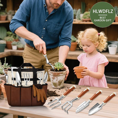 Garden Tool Set, 12 Pcs Heavy Duty Floral Gardening Tools Kit with Gardening Hand Weeder Tools, Durable Storage Bag and Gardening Gloves, Gardening Gifts for Women and Men Brown