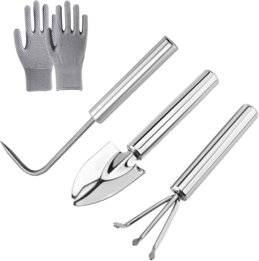 3-Piece Stainless Steel Garden Tools Set with Gloves- Shovel, Rake, Weeder for Indoor Outdoor Use, Ergonomic Handles for Succulents, Potted Plants & Seedlings
