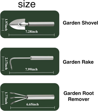 3-Piece Stainless Steel Garden Tools Set with Gloves- Shovel, Rake, Weeder for Indoor Outdoor Use, Ergonomic Handles for Succulents, Potted Plants & Seedlings