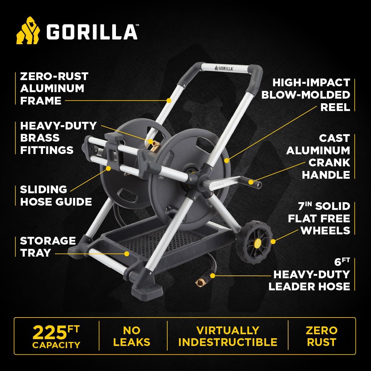 Gorilla Mobile Aluminum Garden Hose Reel, 225 Ft, Zero-Rust, No-Leak Brass