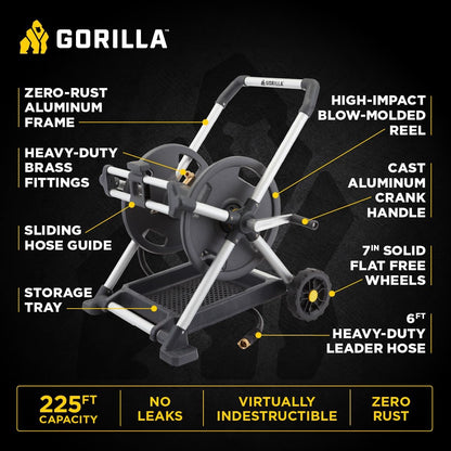 Gorilla Mobile Aluminum Garden Hose Reel, 225 Ft, Zero-Rust, No-Leak Brass