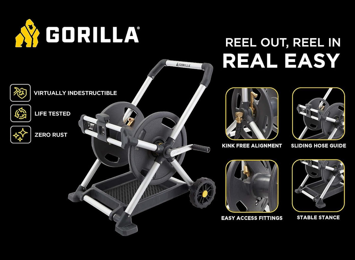 Gorilla Mobile Aluminum Garden Hose Reel, 225 Ft, Zero-Rust, No-Leak Brass