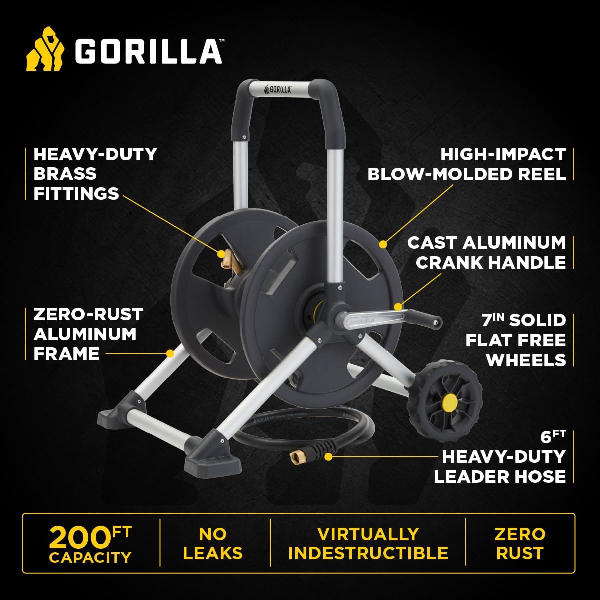 Gorilla Mobile Aluminum Garden Hose Reel, 225 Ft, Zero-Rust, No-Leak Brass