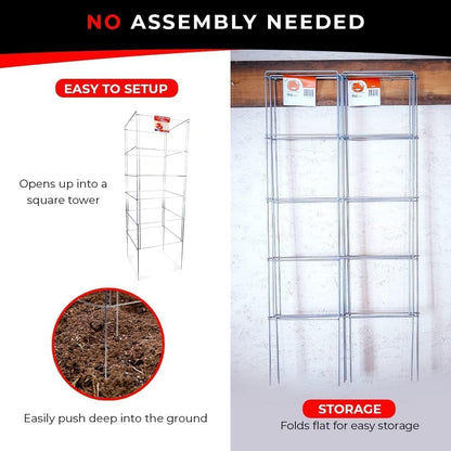 Cedar Ridge Square Foldable Tomato Cages - Made in USA Heavy Duty Plant Support for Vegetable Garden, Vegetables, and Flowers - Stakes and Trellis for Climbing Plants (13x56) 3-Pack