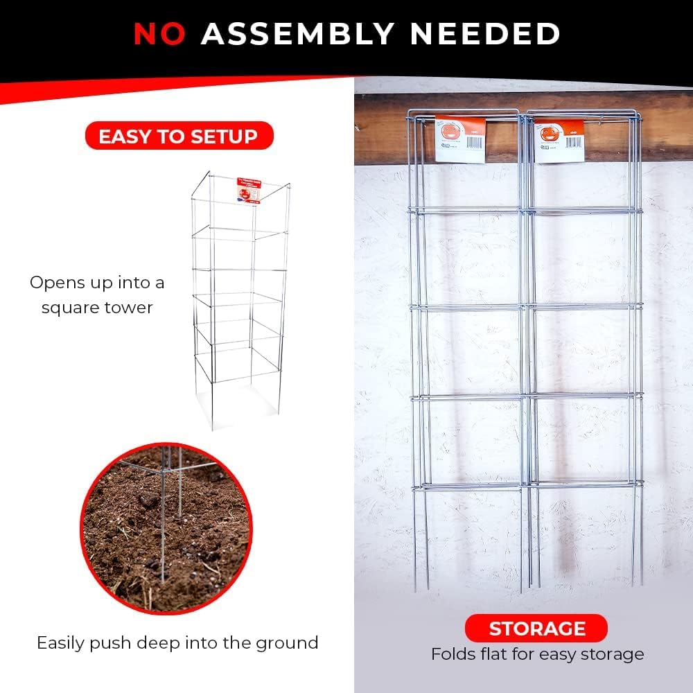 Cedar Ridge Square Foldable Tomato Cages - Made in USA Heavy Duty Plant Support for Vegetable Garden, Vegetables, and Flowers - Stakes and Trellis for Climbing Plants (13x56) 3-Pack