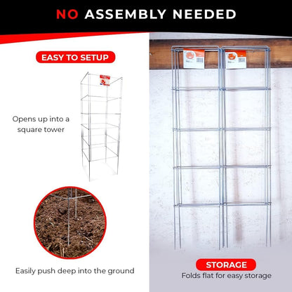 Cedar Ridge Square Foldable Tomato Cages - Made in USA Heavy Duty Plant Support for Vegetable Garden, Vegetables, and Flowers - Stakes and Trellis for Climbing Plants (13x56) 3-Pack