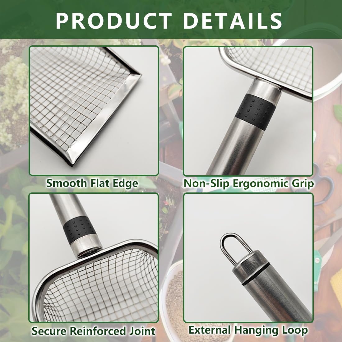 2 Pack Soil Sifter for Gardening, Stainless Steel Handle