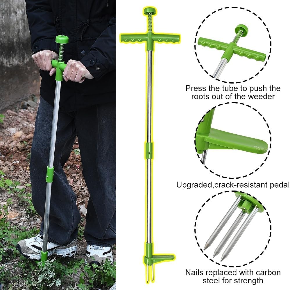 Stand Up Weed Puller Tool with Long Handle - 39" Garden Weeding Tool with 3 Claws - Detachable Weeder Hand Tool for Effortless Garden Weed Removal Without Bending or Kneeling