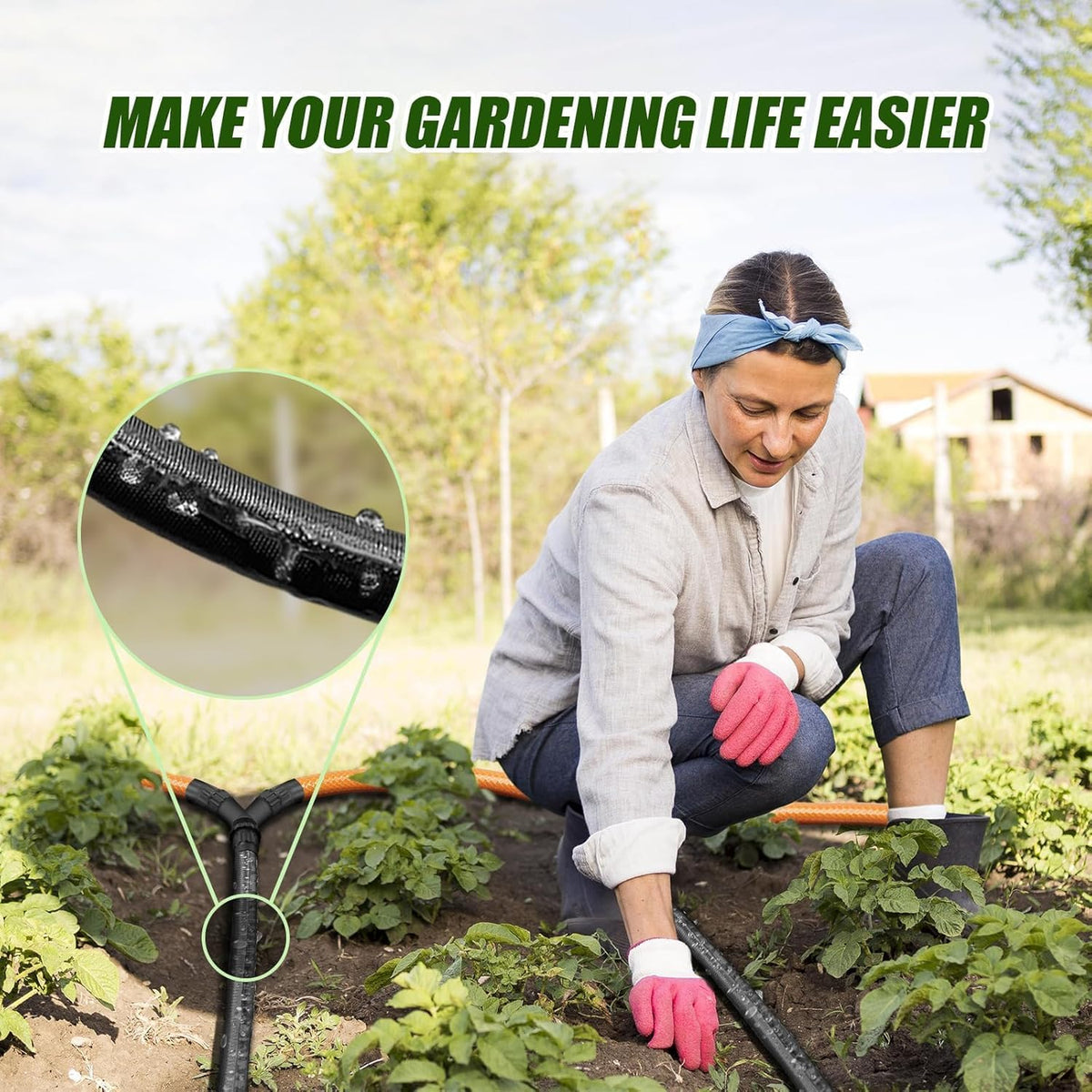 Flat Soaker Hose, Garden Hose with Heavy Duty Double Layer Design, Drip Irrigation Hose Saves 80% Water, Leak Proof Sprinkler Hose for Garden, Lawn, Vegetable plot (25FT)