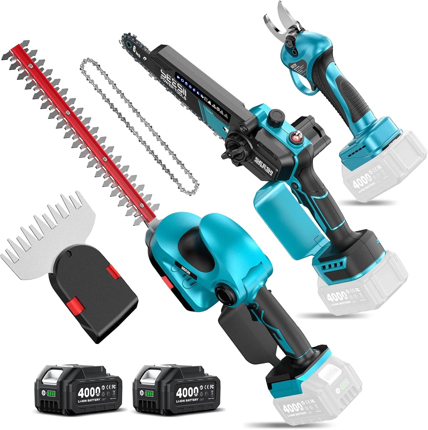 4-in-1 Electric Mini Chainsaw, Battery Hedge Trimmer & Pruner Combo