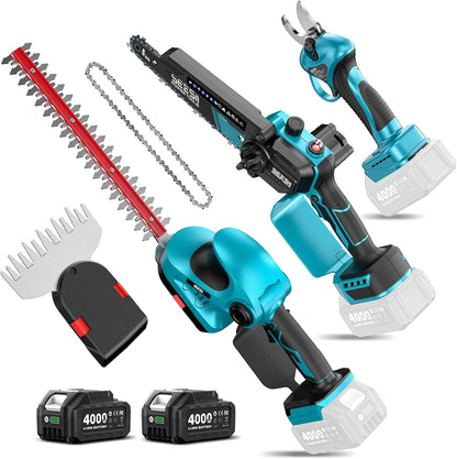 4-in-1 Electric Mini Chainsaw, Battery Hedge Trimmer & Pruner Combo