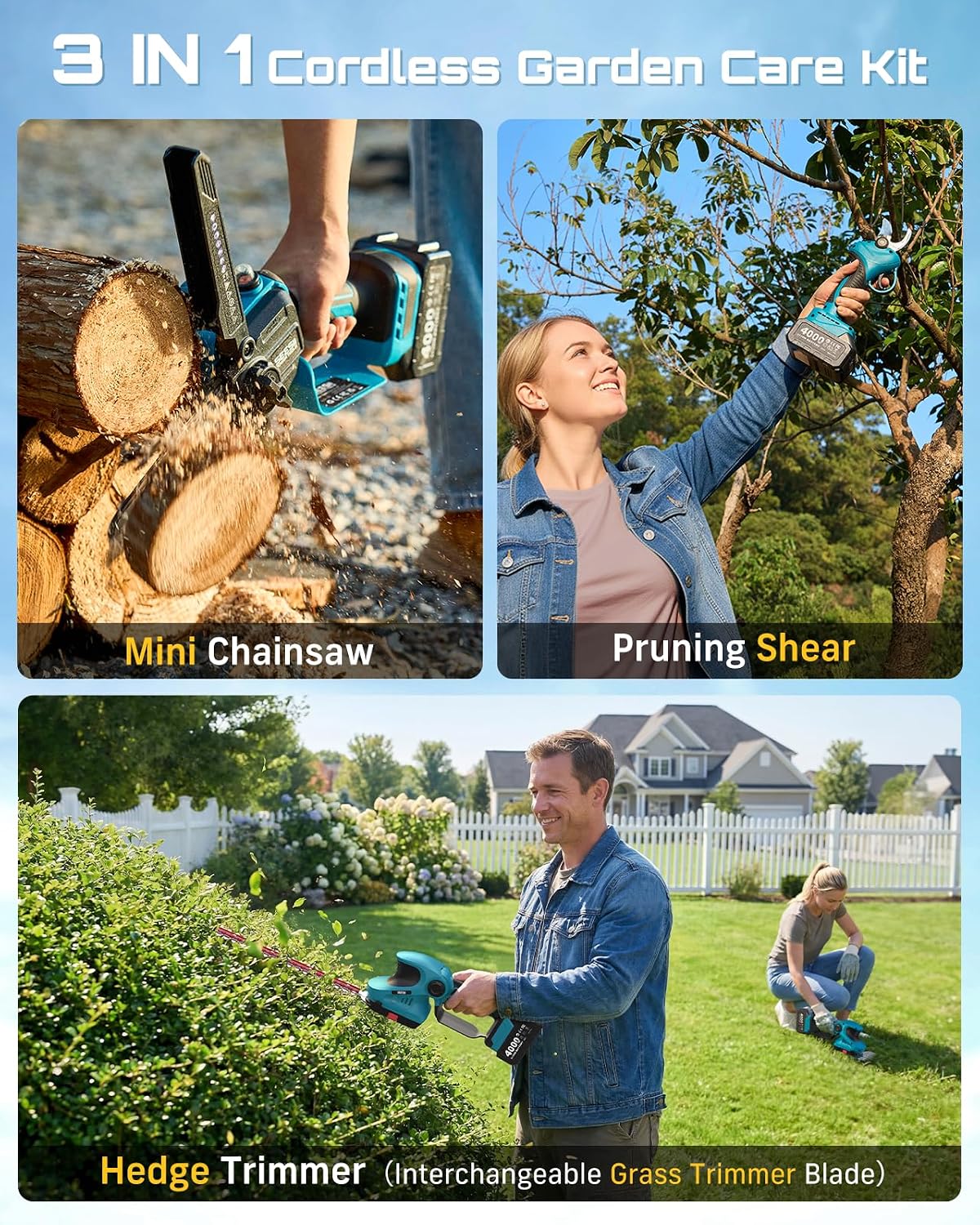 4-in-1 Electric Mini Chainsaw, Battery Hedge Trimmer & Pruner Combo