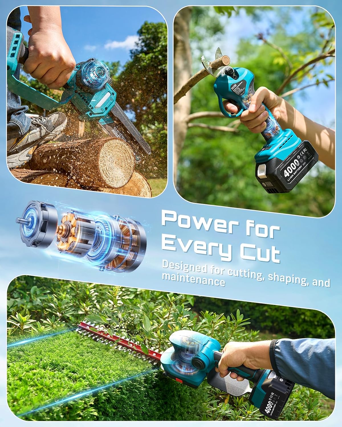 4-in-1 Electric Mini Chainsaw, Battery Hedge Trimmer & Pruner Combo