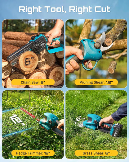4-in-1 Electric Mini Chainsaw, Battery Hedge Trimmer & Pruner Combo