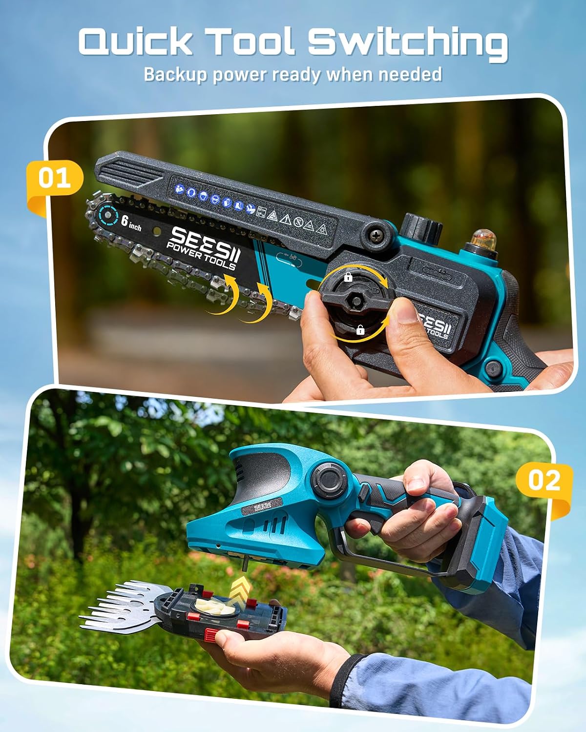 4-in-1 Electric Mini Chainsaw, Battery Hedge Trimmer & Pruner Combo