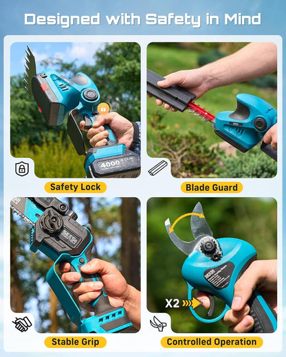 4-in-1 Electric Mini Chainsaw, Battery Hedge Trimmer & Pruner Combo