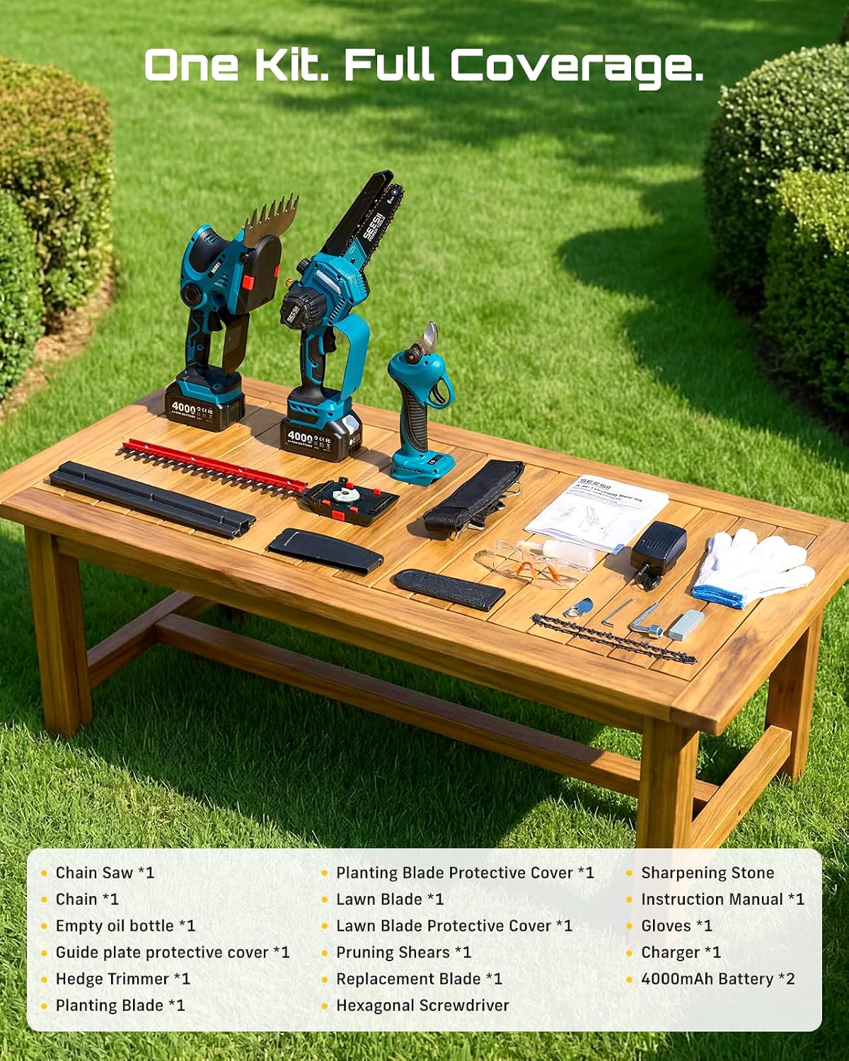 4-in-1 Electric Mini Chainsaw, Battery Hedge Trimmer & Pruner Combo