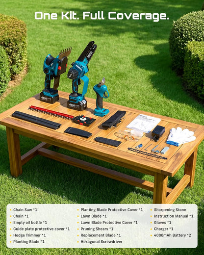 4-in-1 Electric Mini Chainsaw, Battery Hedge Trimmer & Pruner Combo