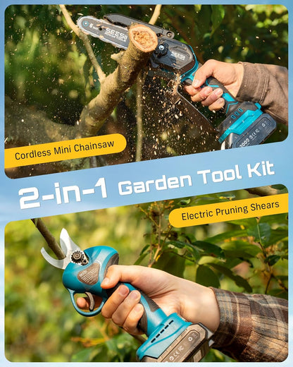 4-in-1 Electric Mini Chainsaw, Battery Hedge Trimmer & Pruner Combo