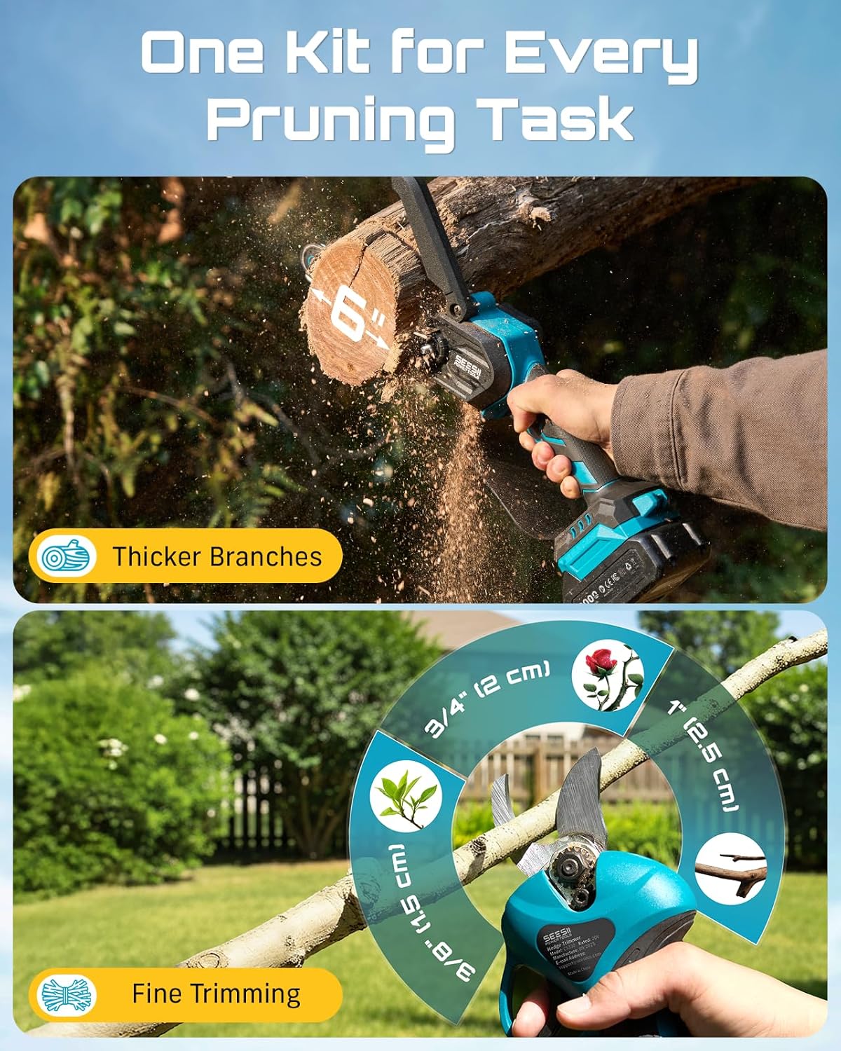 4-in-1 Electric Mini Chainsaw, Battery Hedge Trimmer & Pruner Combo
