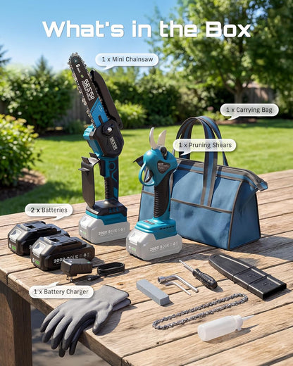 4-in-1 Electric Mini Chainsaw, Battery Hedge Trimmer & Pruner Combo