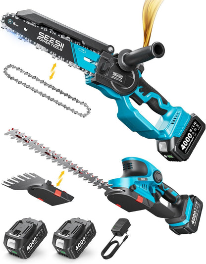 4-in-1 Electric Mini Chainsaw, Battery Hedge Trimmer & Pruner Combo