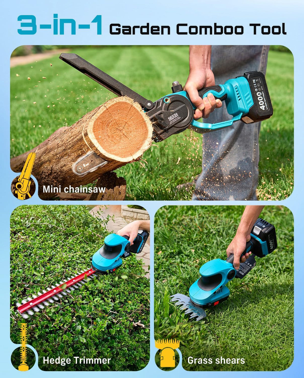 4-in-1 Electric Mini Chainsaw, Battery Hedge Trimmer & Pruner Combo