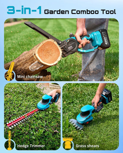 4-in-1 Electric Mini Chainsaw, Battery Hedge Trimmer & Pruner Combo