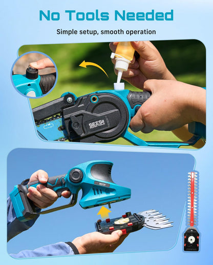 4-in-1 Electric Mini Chainsaw, Battery Hedge Trimmer & Pruner Combo