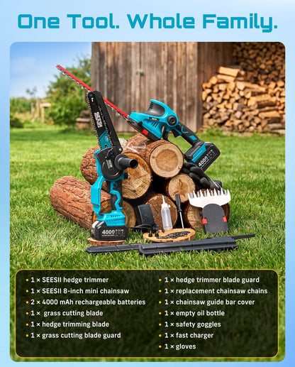 4-in-1 Electric Mini Chainsaw, Battery Hedge Trimmer & Pruner Combo