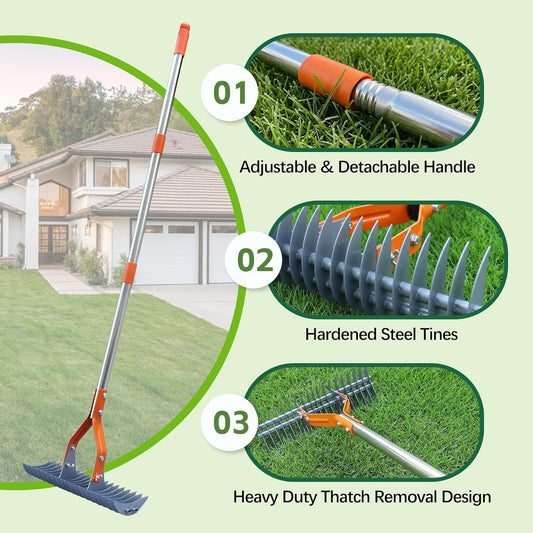 Thatch Rake – 74-Inch Heavy Duty Metal Rake with Hardened Steel Tines for Efficient Lawn Thatch and Dead Grass Removal, Detachable Handle Manual Dethatcher Rake for Yard and Landscape Maintenance