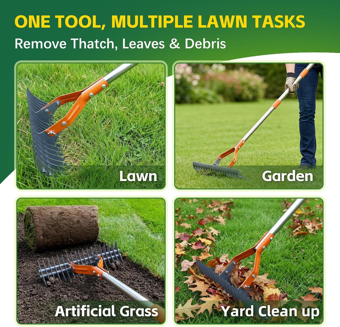 Thatch Rake – 74-Inch Heavy Duty Metal Rake with Hardened Steel Tines for Efficient Lawn Thatch and Dead Grass Removal, Detachable Handle Manual Dethatcher Rake for Yard and Landscape Maintenance
