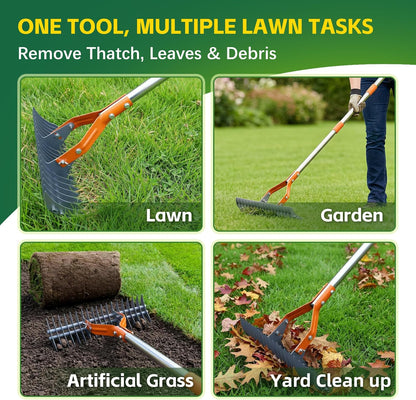 Thatch Rake – 74-Inch Heavy Duty Metal Rake with Hardened Steel Tines for Efficient Lawn Thatch and Dead Grass Removal, Detachable Handle Manual Dethatcher Rake for Yard and Landscape Maintenance
