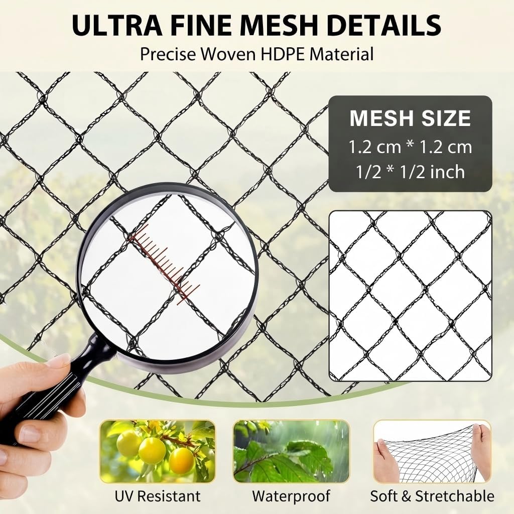 Bird Netting 7.5x100 FT Heavy Duty 1/2 Inch Mesh Garden Netting