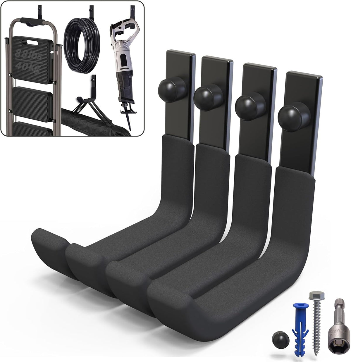 4 Pack Garage Storage Hooks, 4 Inch Wall Mount Ladder Hangers