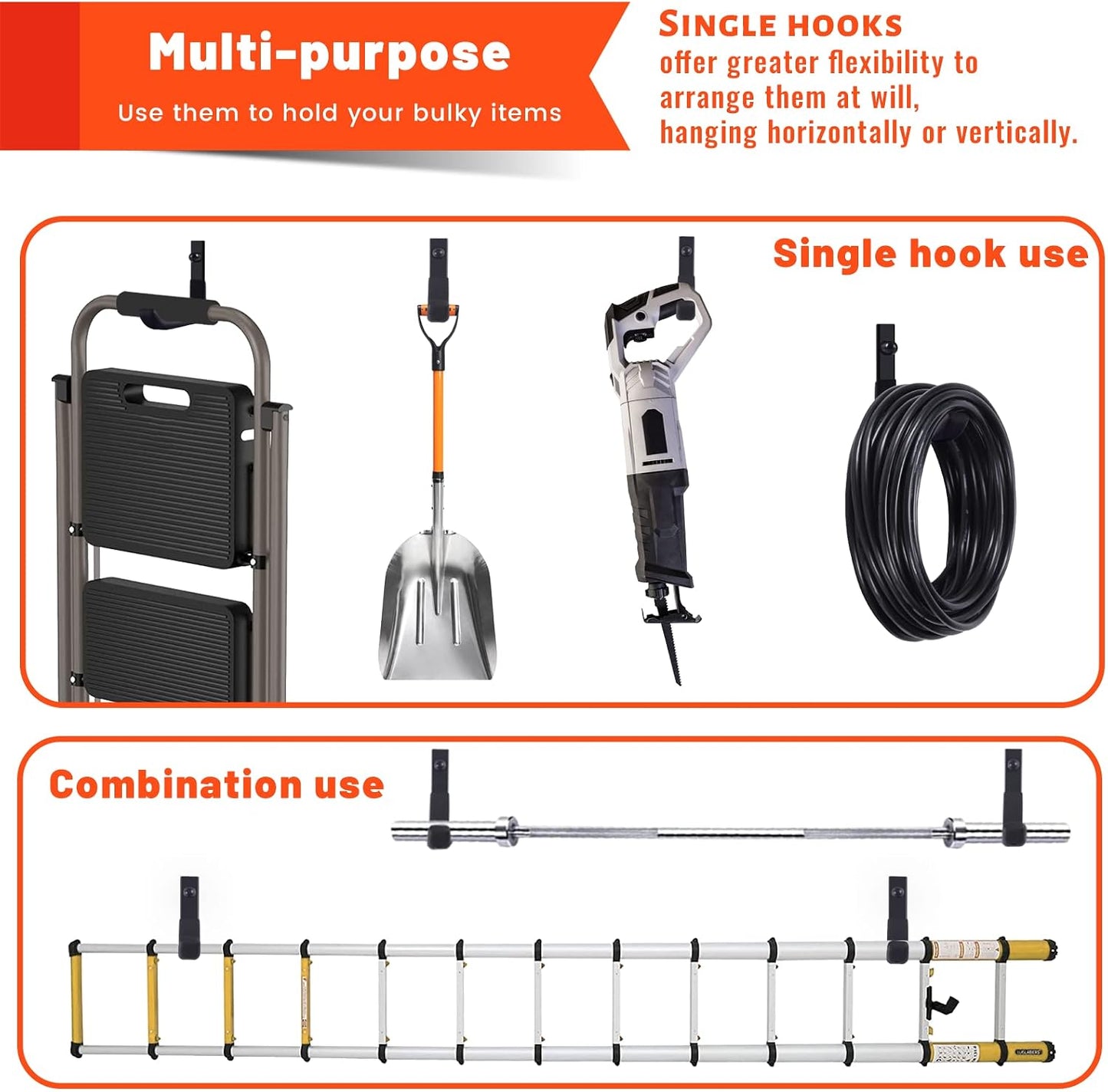 4 Pack Garage Storage Hooks, 4 Inch Wall Mount Ladder Hangers