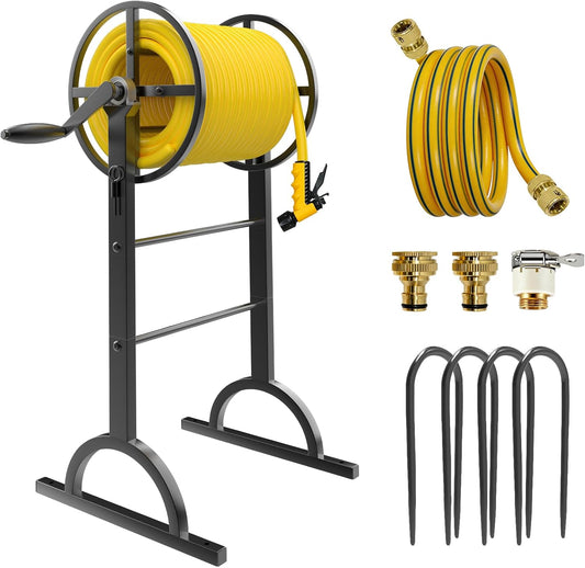 Garden Hose Reel with Handle – Heavy Duty Metal Freestanding Water Hose Holder, Upgraded Retractable Hose Winder for Up 150FT 5/8" Hose, Perfect for Lawn, Yard & Outdoor Use