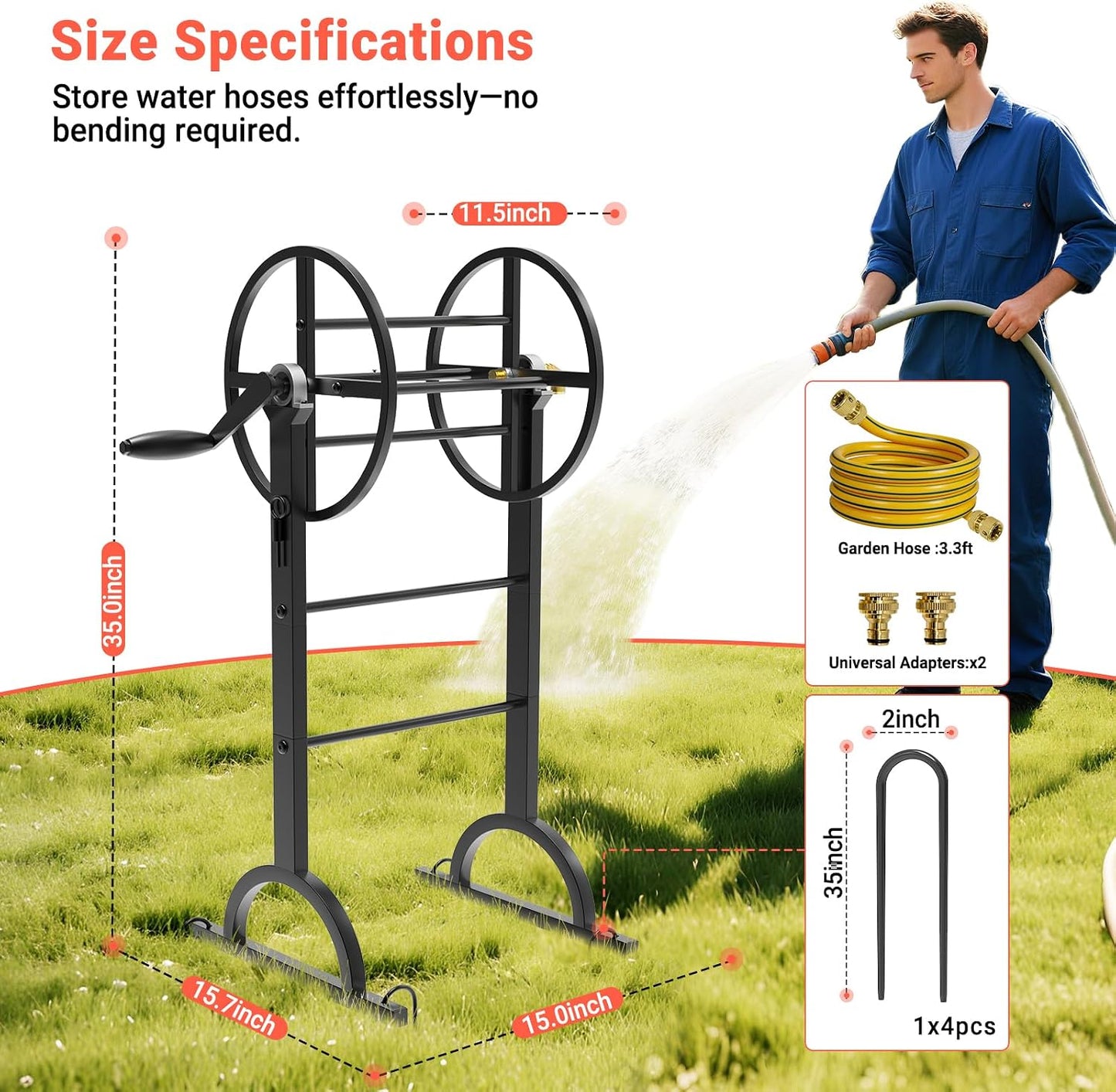 Garden Hose Reel with Handle – Heavy Duty Metal Freestanding Water Hose Holder, Upgraded Retractable Hose Winder for Up 150FT 5/8" Hose, Perfect for Lawn, Yard & Outdoor Use