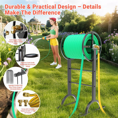 Garden Hose Reel with Handle – Heavy Duty Metal Freestanding Water Hose Holder, Upgraded Retractable Hose Winder for Up 150FT 5/8" Hose, Perfect for Lawn, Yard & Outdoor Use