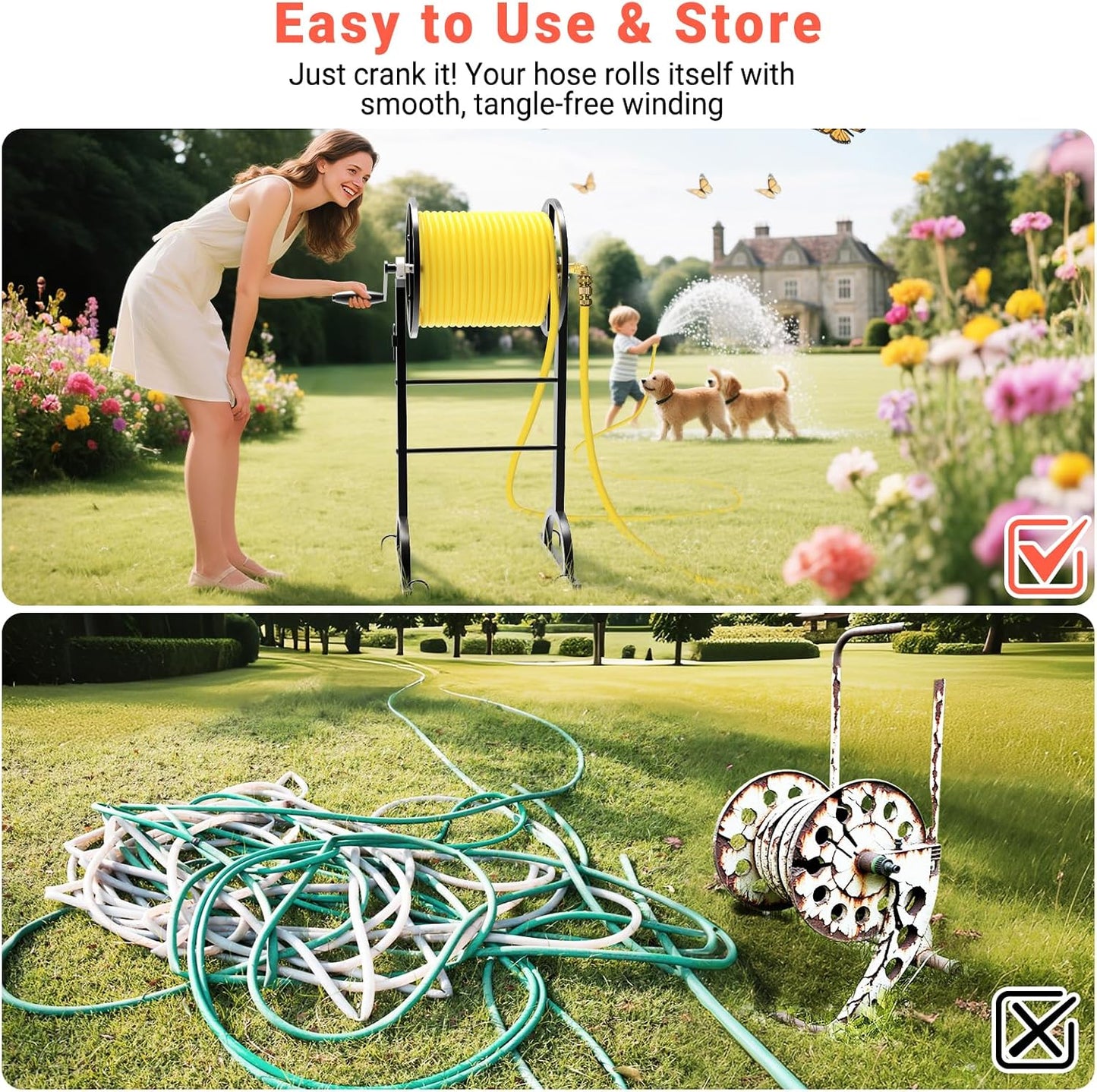 Garden Hose Reel with Handle – Heavy Duty Metal Freestanding Water Hose Holder, Upgraded Retractable Hose Winder for Up 150FT 5/8" Hose, Perfect for Lawn, Yard & Outdoor Use