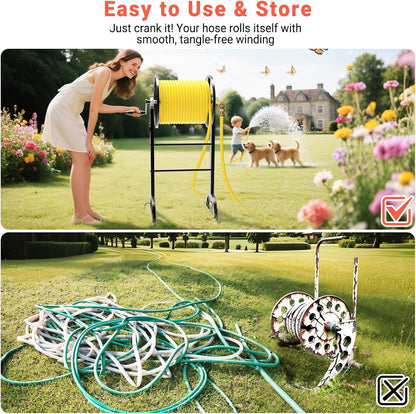 Garden Hose Reel with Handle – Heavy Duty Metal Freestanding Water Hose Holder, Upgraded Retractable Hose Winder for Up 150FT 5/8" Hose, Perfect for Lawn, Yard & Outdoor Use