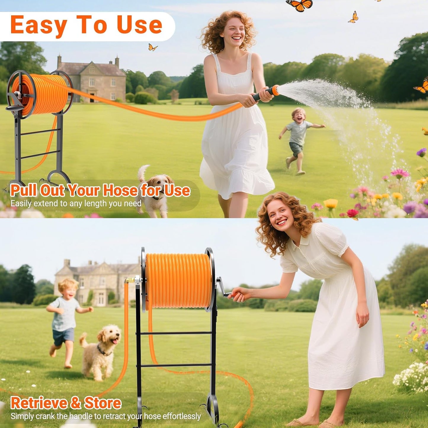 Garden Hose Reel with Handle – Heavy Duty Metal Freestanding Water Hose Holder, Upgraded Retractable Hose Winder for Up 150FT 5/8" Hose, Perfect for Lawn, Yard & Outdoor Use